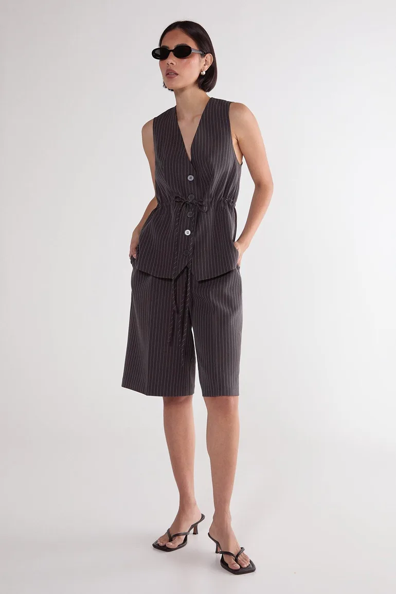 Pinstripe Ruched Tie Front Waistcoat - 2