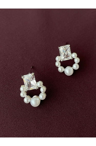 Silver Faux Pearl Square Stud Earrings