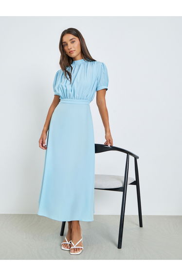 Blue Solid Blouson A-Line Midaxi Dress