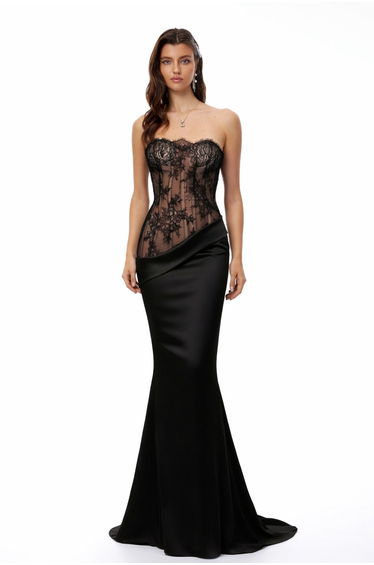 Mirela Black Lace Panel Satin Maxi Dress