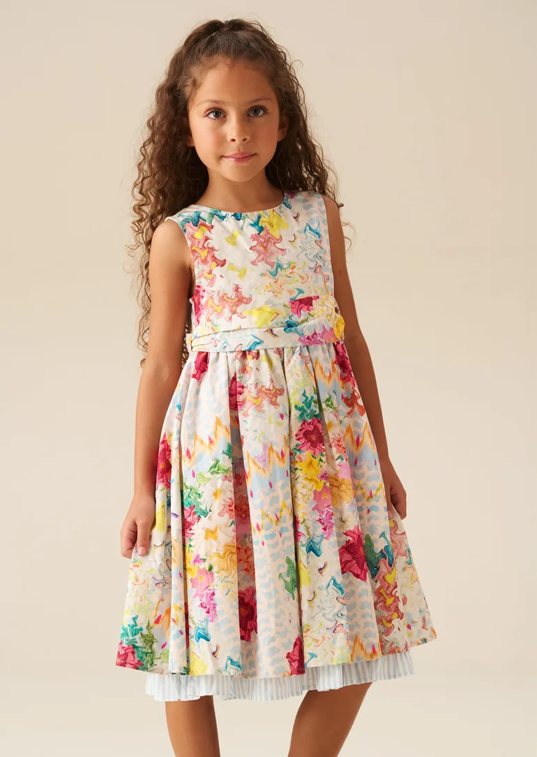 Seren Print Stripe Sash Waist Dress - Multi
