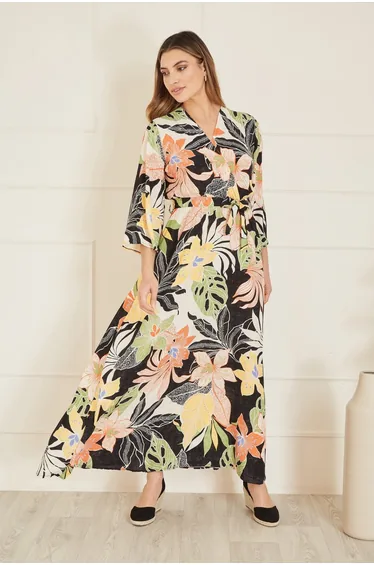 Mela Black Tropical Print Wrap Dress