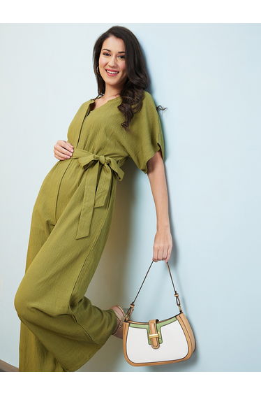 Solid V-Neck Drop Shoulder Waist Tie-Up Jumpsuit