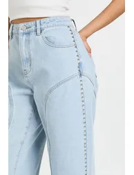 High Waist Studded Western Straight Leg Jean - bleach wash - 3