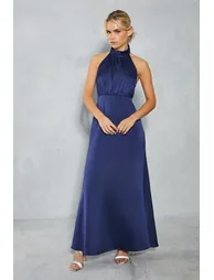 Petite Satin Halter Bias Cut Maxi Dress