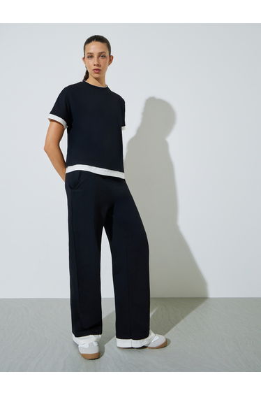 Black Contrast Trim Short Sleeves T-Shirt and Joggers Co-Ord Set