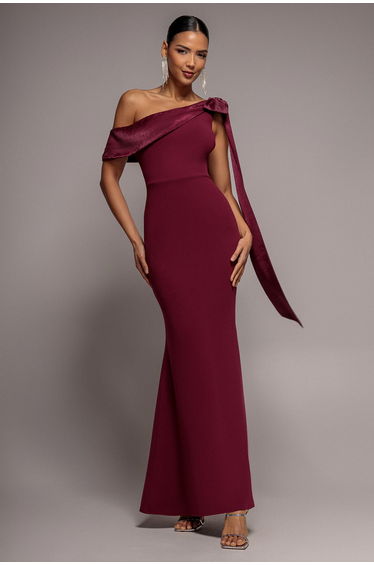 One Shoulder Velvet Satin Bow Cape Maxi Dress - Burgundy by Goddiva