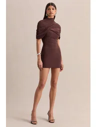 Perdi | Brown Bodycon Mini Dress With Twisted Cape - 3