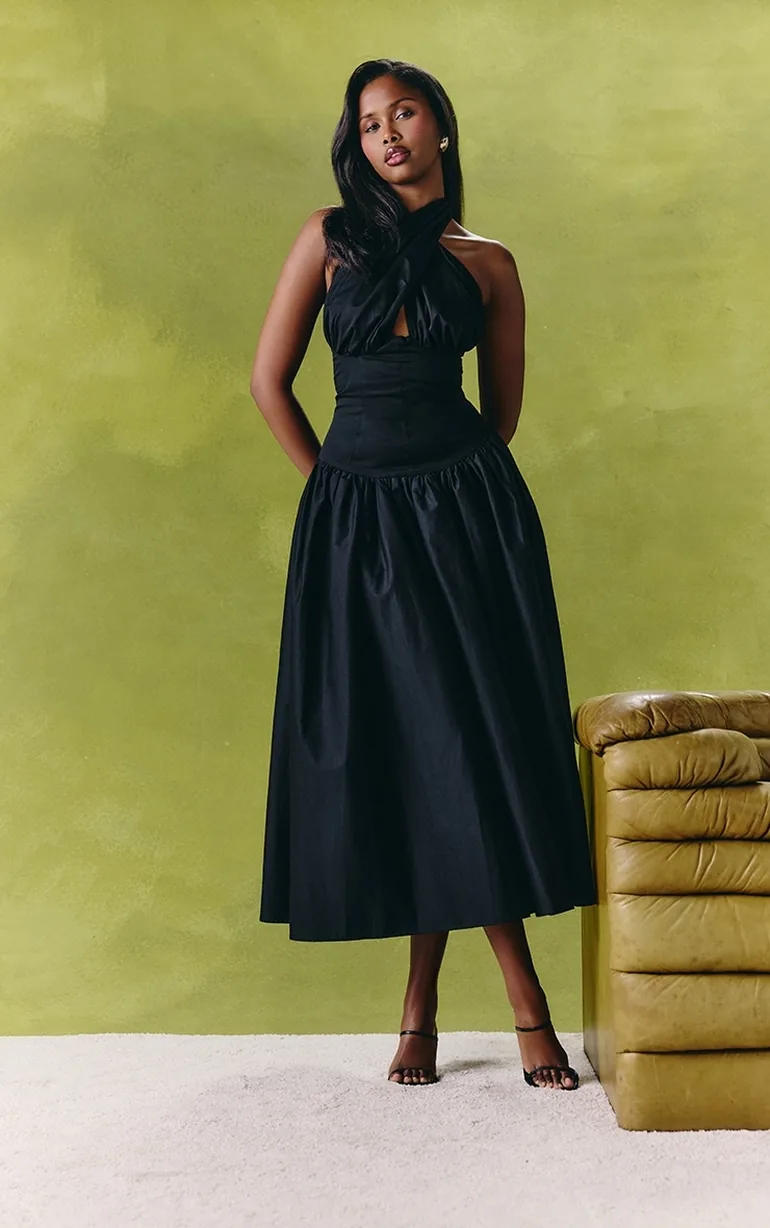 skater midaxi dress Black Plunge Halterneck Skater Midaxi Dress