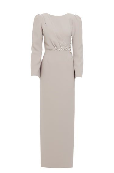 Back Detail Embroidered Gray Long Dress