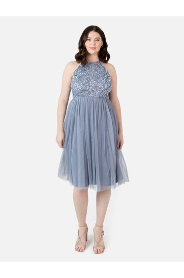 Maya Dusty Blue Embellished Halter Neck Midi Dress