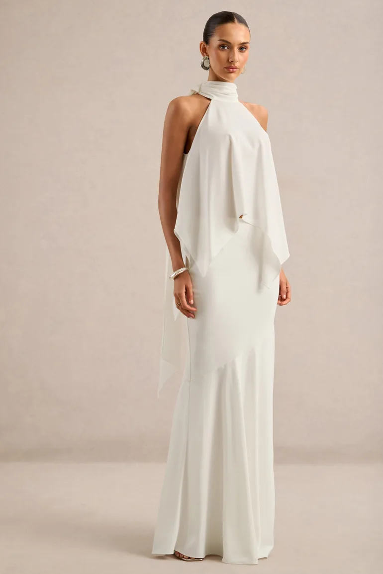 Vayla | White Matte Satin Asymmetric Drop-Waist Maxi Skirt - 5