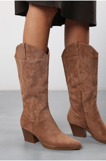 Yasmine Calf Cowboy Boots Block Heel Western Embroidered In Camel Suede