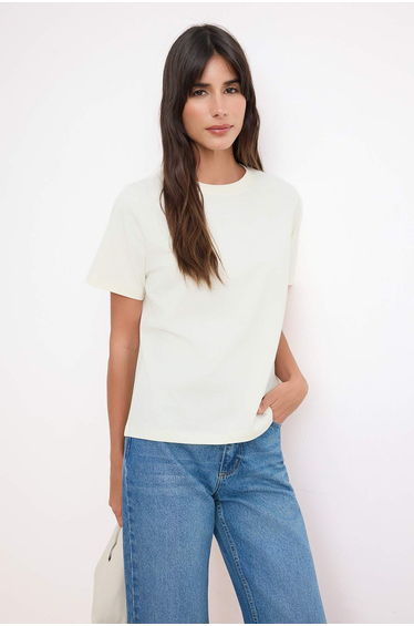 Ecru Regular/Normal Fit Short Sleeve 24/1 Combed Single Jersey Knitted T-Shirt