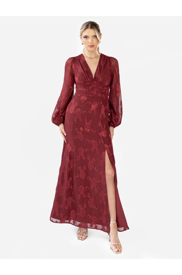 Maya Deep Red Floral Jacquard Blouson Sleeve Maxi Dress