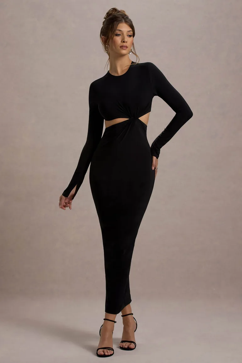 party dress maxi long sleeve ever SLOANE|Sexy V Neck Maxi Bodycon Evening Dress with Flare Sleeves