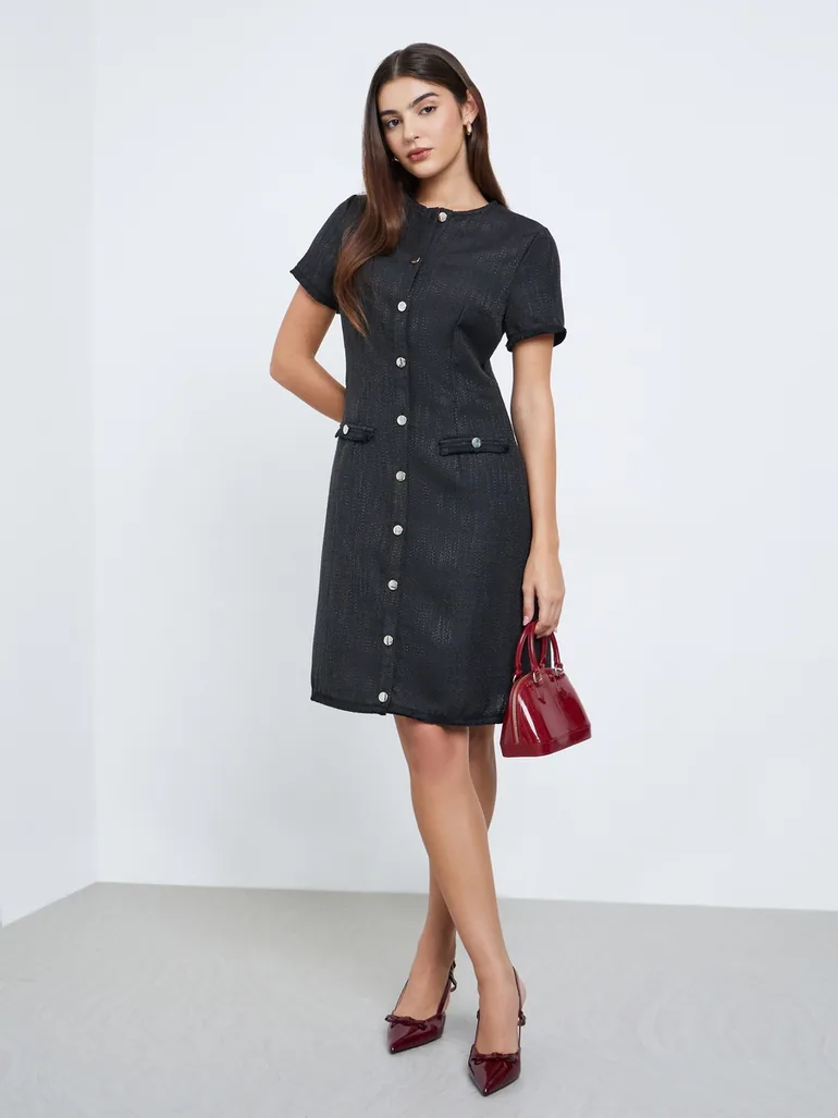Black Tweed Look Knee Length Dress Styli Black : Evening Dresses : VogaCloset Oman Black Tweed Look Knee Length Dress Styli Black : Evening Dresses : VogaCloset Oman