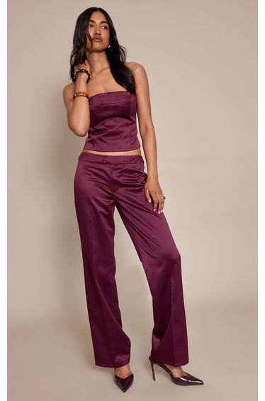 Dark Wine Satin low Rise Straight Leg Trousers