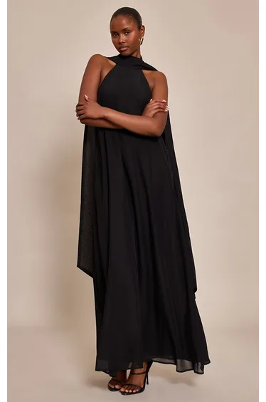 Black Chiffon High Neck Scarf Detail Maxi Dress