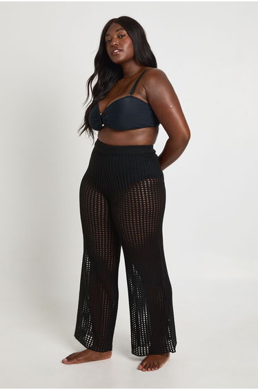Plus Beach Wide Leg Crochet Trouser - black