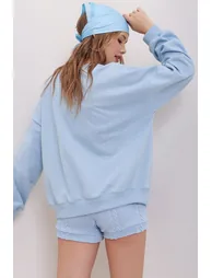 Women's Blue Crew Neck Oversize Basic Sweatshirt - 6