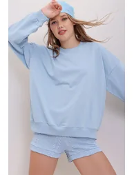 Women's Blue Crew Neck Oversize Basic Sweatshirt - 1