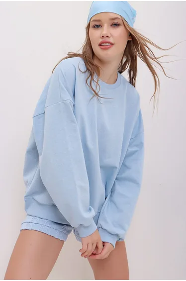 Women's Blue Crew Neck Oversize Basic Sweatshirt