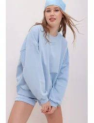 Women's Blue Crew Neck Oversize Basic Sweatshirt
