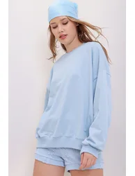 Women's Blue Crew Neck Oversize Basic Sweatshirt - 5