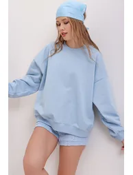 Women's Blue Crew Neck Oversize Basic Sweatshirt - 3