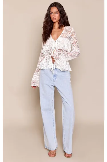 White Ruffled Lace Shoulder Pad Shirt