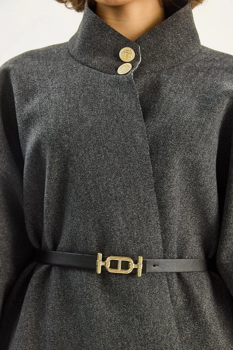Gold Button Detail Stand Collar Belted Poncho 60282033 - Anthracite - 6