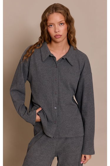 Charcoal Grey Heavy Rib Long Sleeve Collared Shirt