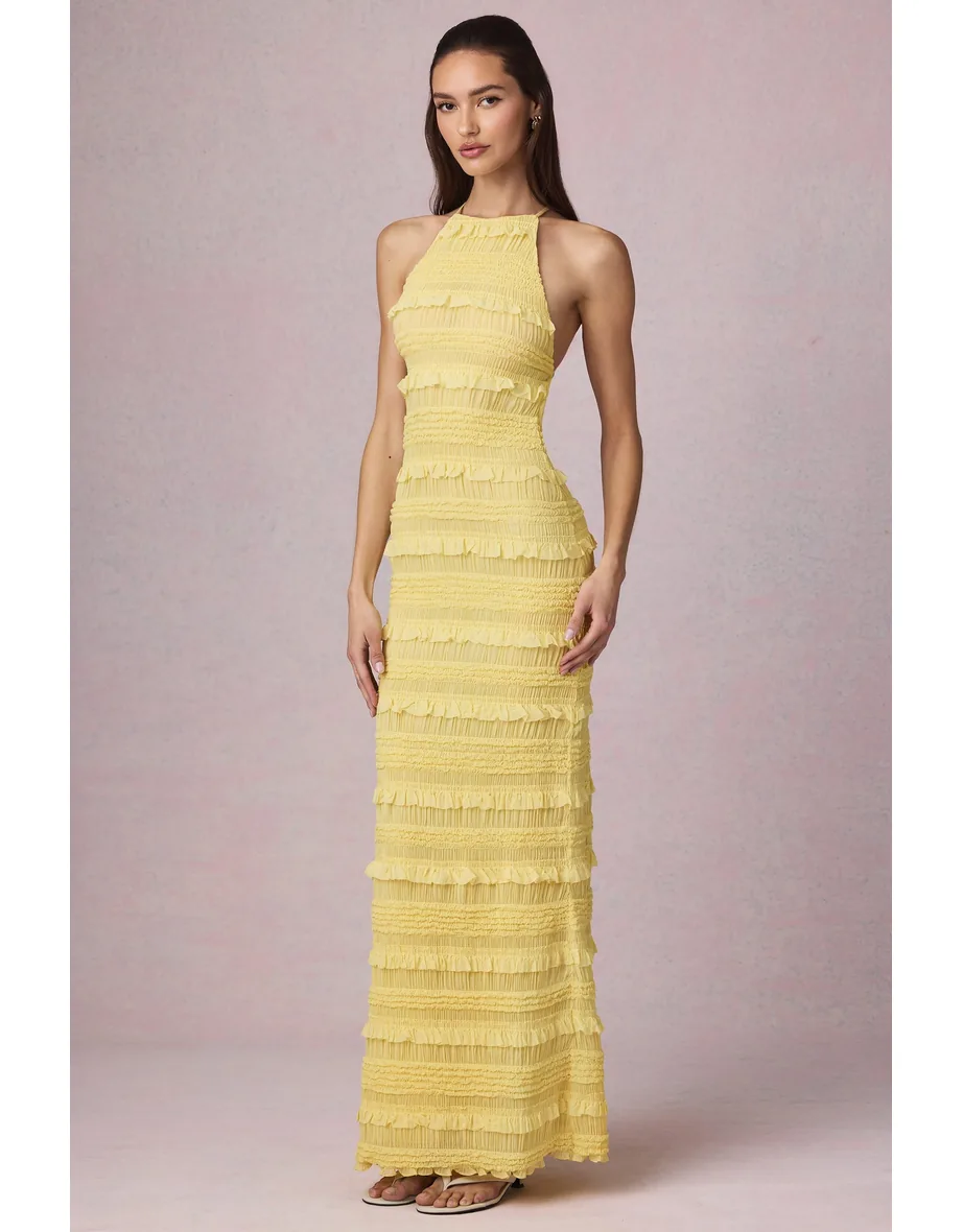 tove ruffled backless halterneck maxi dress in lemon yellow Tove Ruffled Backless Halterneck Maxi Dress in Lemon Yellow