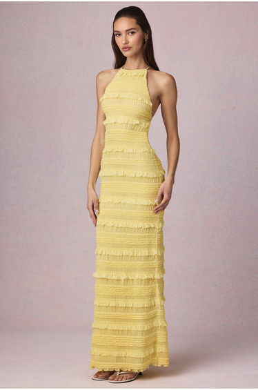Ruffled Backless Halterneck Maxi Dress in Lemon Yellow