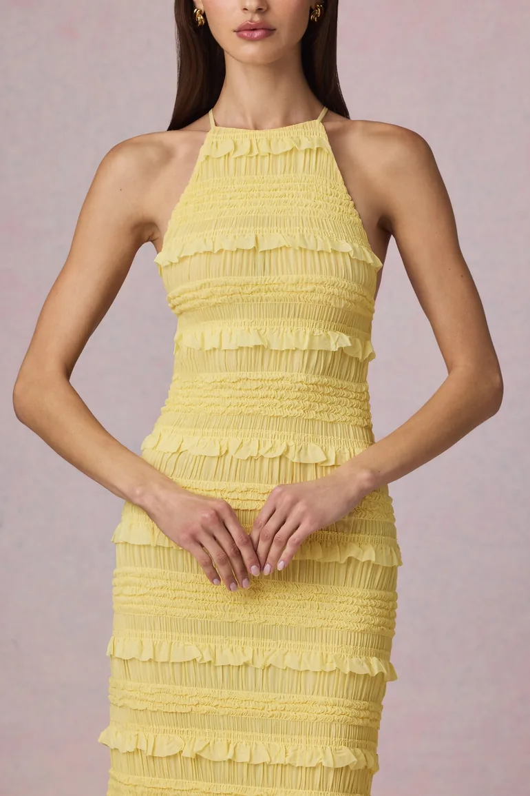 Ruffled Backless Halterneck Maxi Dress in Lemon Yellow Oh Polly Yellow :  Premium Dresses : VogaCloset Bahrain