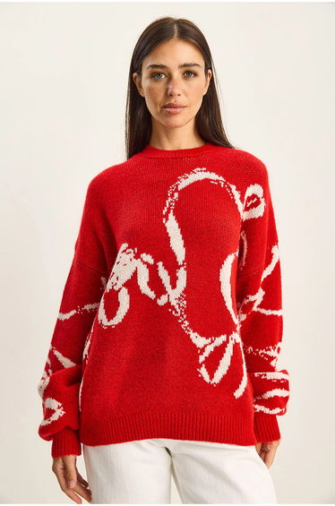 LUCCI Oversized Crew Neck Printed Knit Sweater