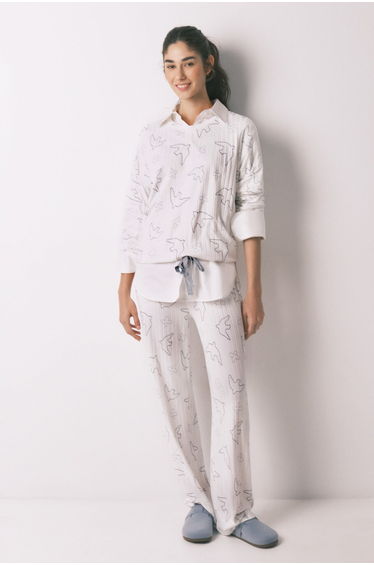 Blue ribbed bird print long pyjamas