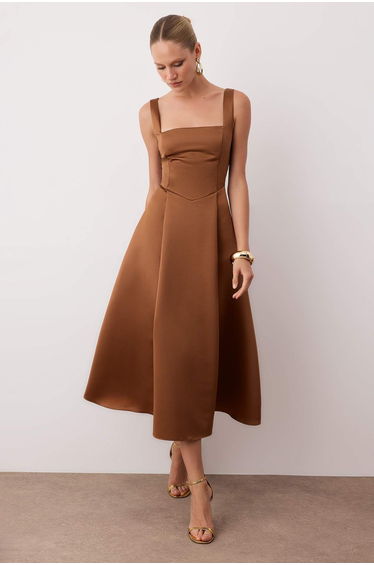 Brown A-Line Satin Woven Elegant Evening Prom Dress