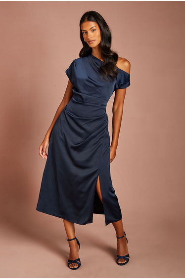 Petite Off Shoulder Satin Side Tie Midi Dress