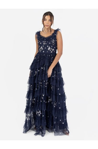 Maya Navy Embellished Sleeveless Tiered Maxi Dress