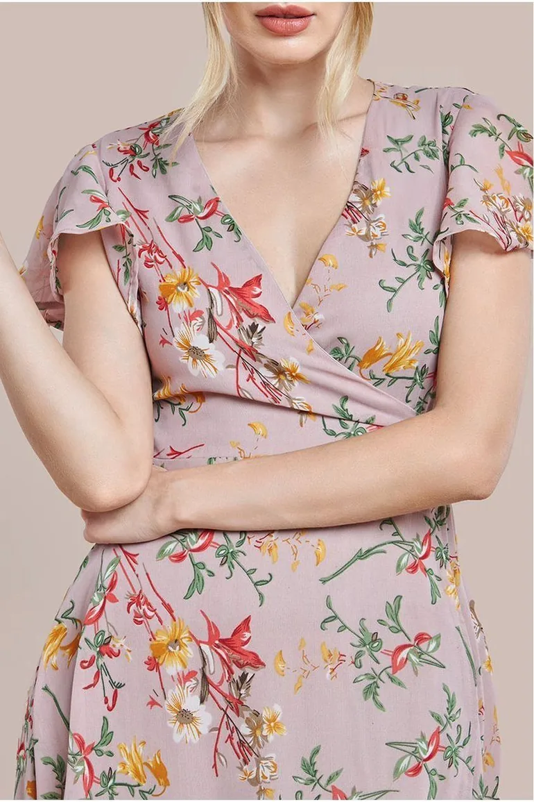 City Goddess Wrap Flutter Sleeve Floral Midi Dress - Beige - 2