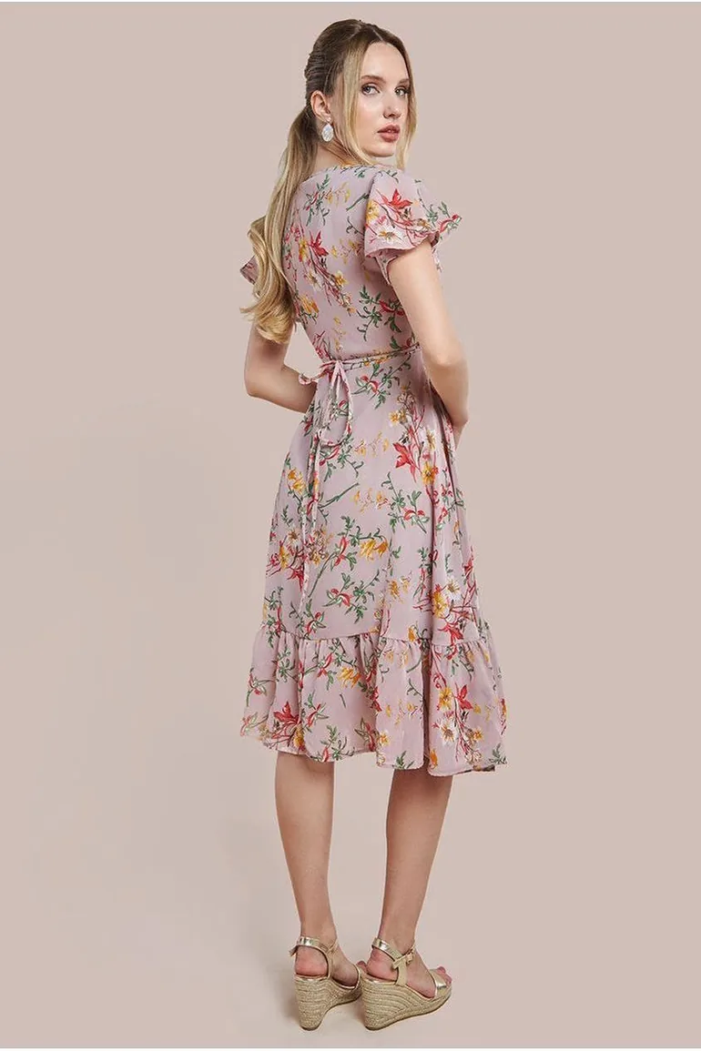 City Goddess Wrap Flutter Sleeve Floral Midi Dress - Beige - 1