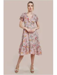 City Goddess Wrap Flutter Sleeve Floral Midi Dress - Beige