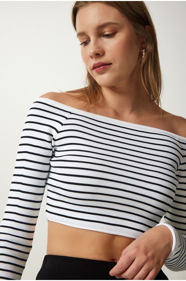 Women's White Square Neck Striped Crop Blouse