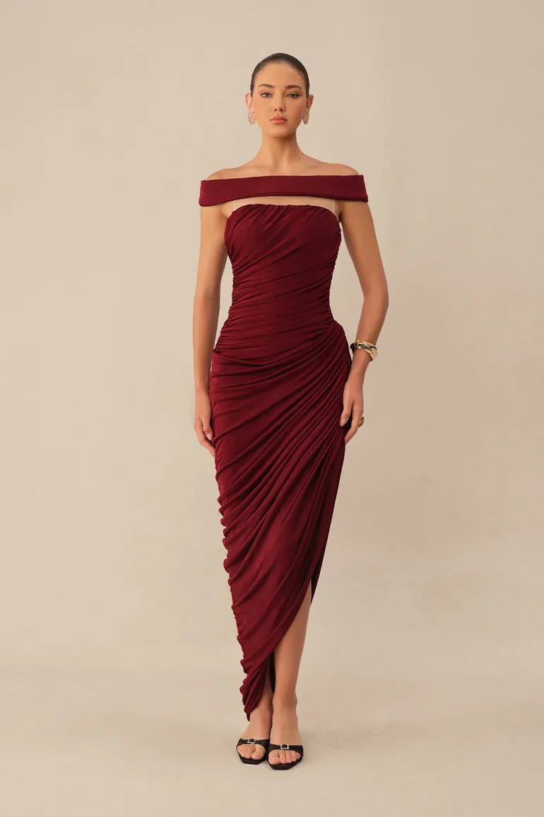 Midnight Affair Burgundy Off Shoulder Side Slit Knit Maxi Dress