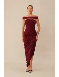 Midnight Affair Burgundy Off Shoulder Side Slit Knit Maxi Dress