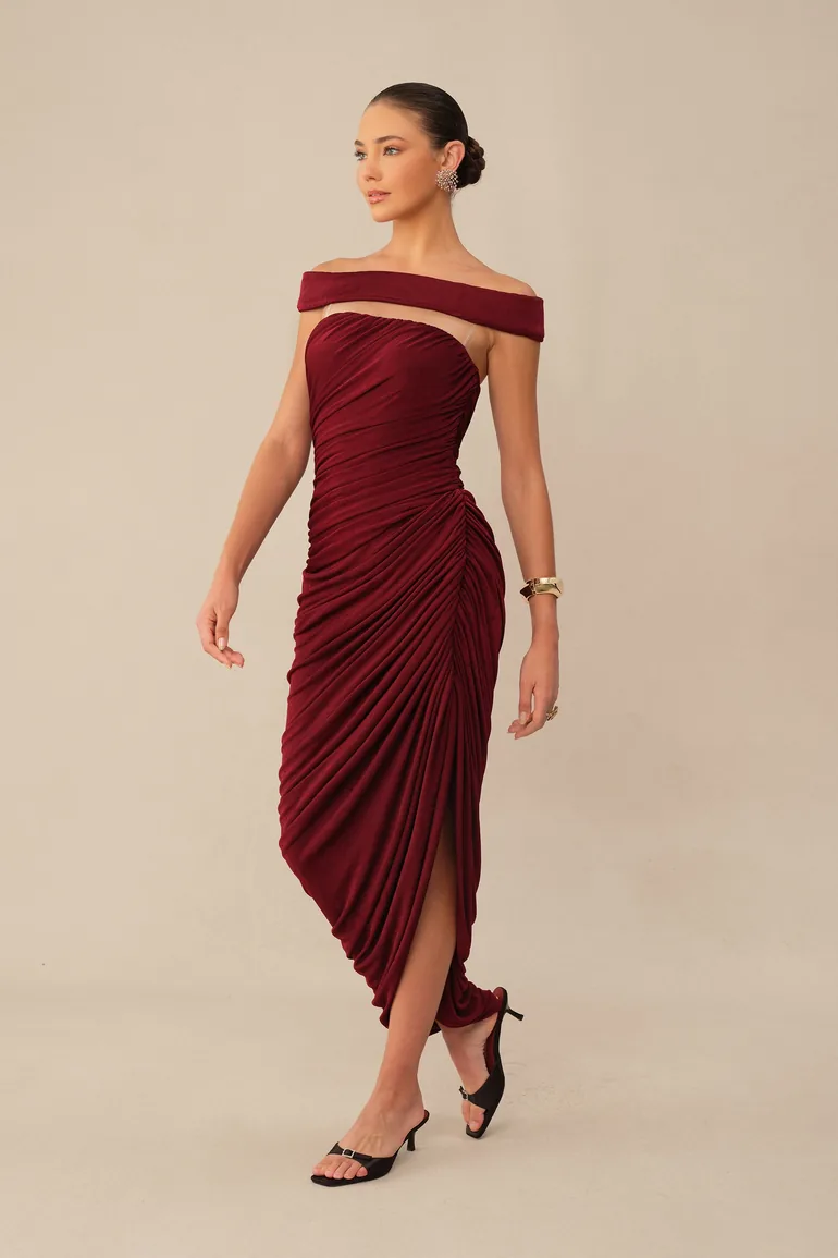 Midnight Affair Burgundy Off Shoulder Side Slit Knit Maxi Dress - 5