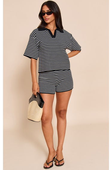 Petite Black Stripe Knitted Fitted Shorts