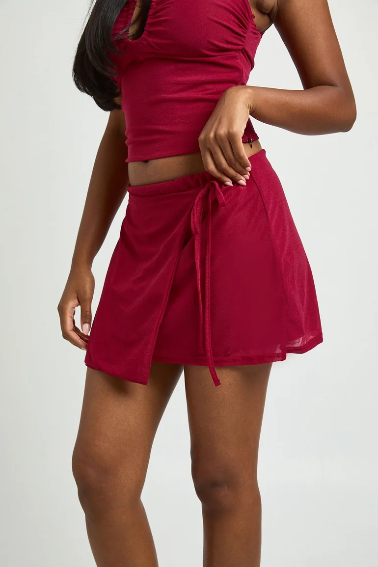 Textured Wrap Waist Mini Skirt - burgundy - 3